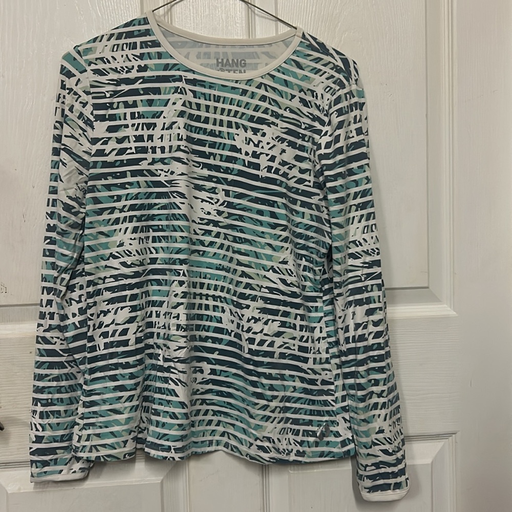 Hang Ten Women’s Swim Top Tropical Striped Long Sleeve Athletic Blue Green M